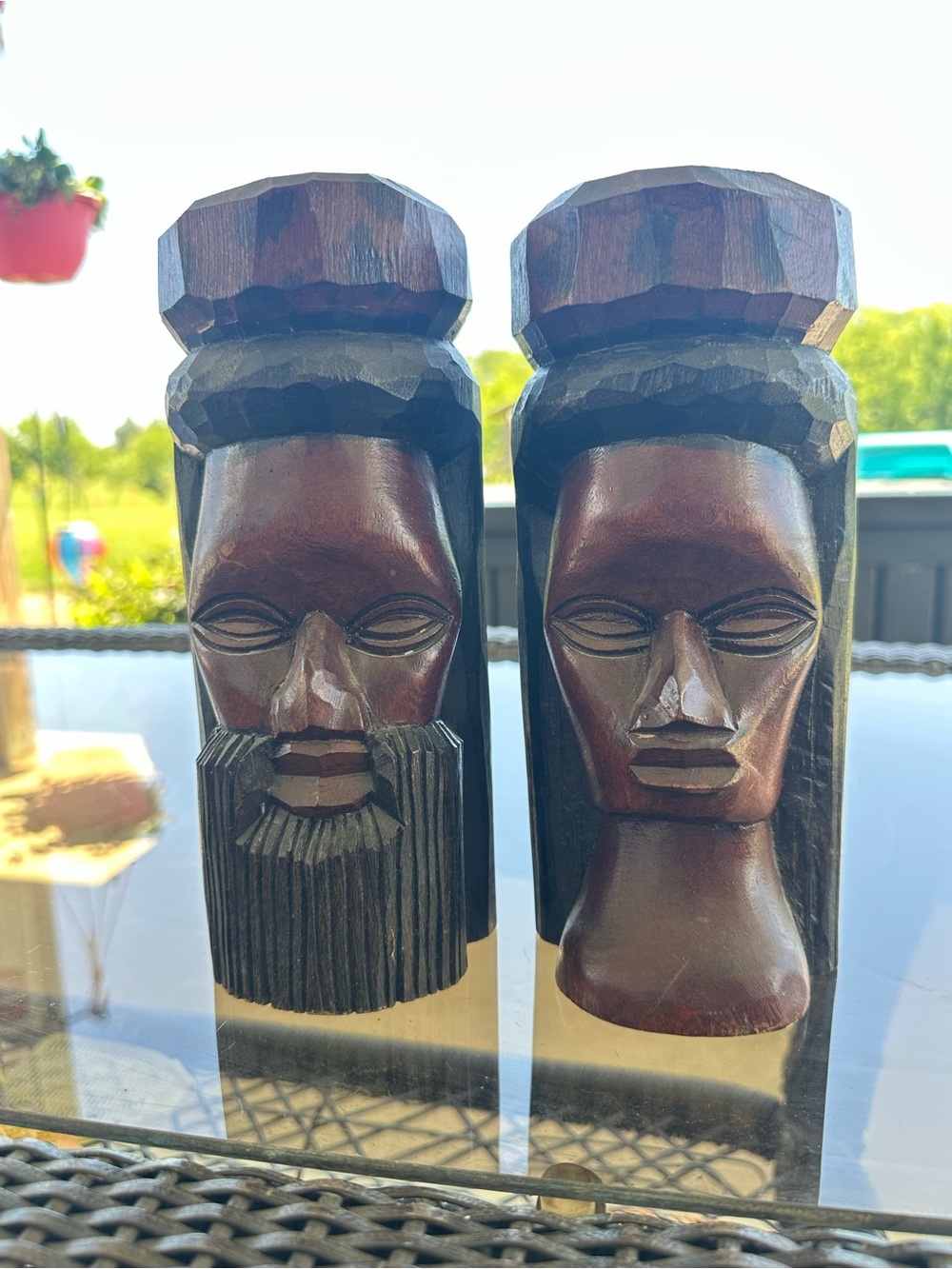 Vintage Jamaican Hand Carved Wood Busts of Man and Woman